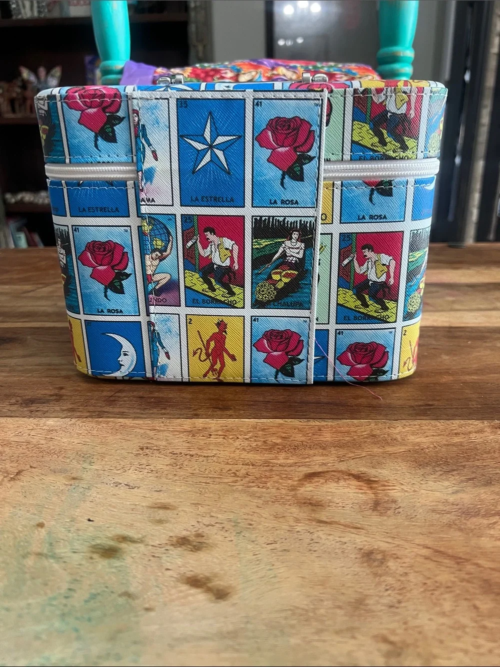 Makeup Organizer Case with Lotería Print in Blue